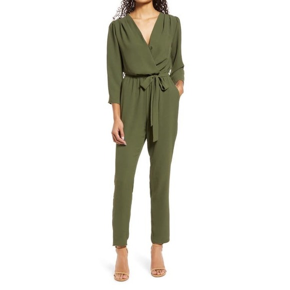 Fraiche By J Pants - Fraiche by J Olive Green Wrap Waist Tie Jumpsuit Women Size L